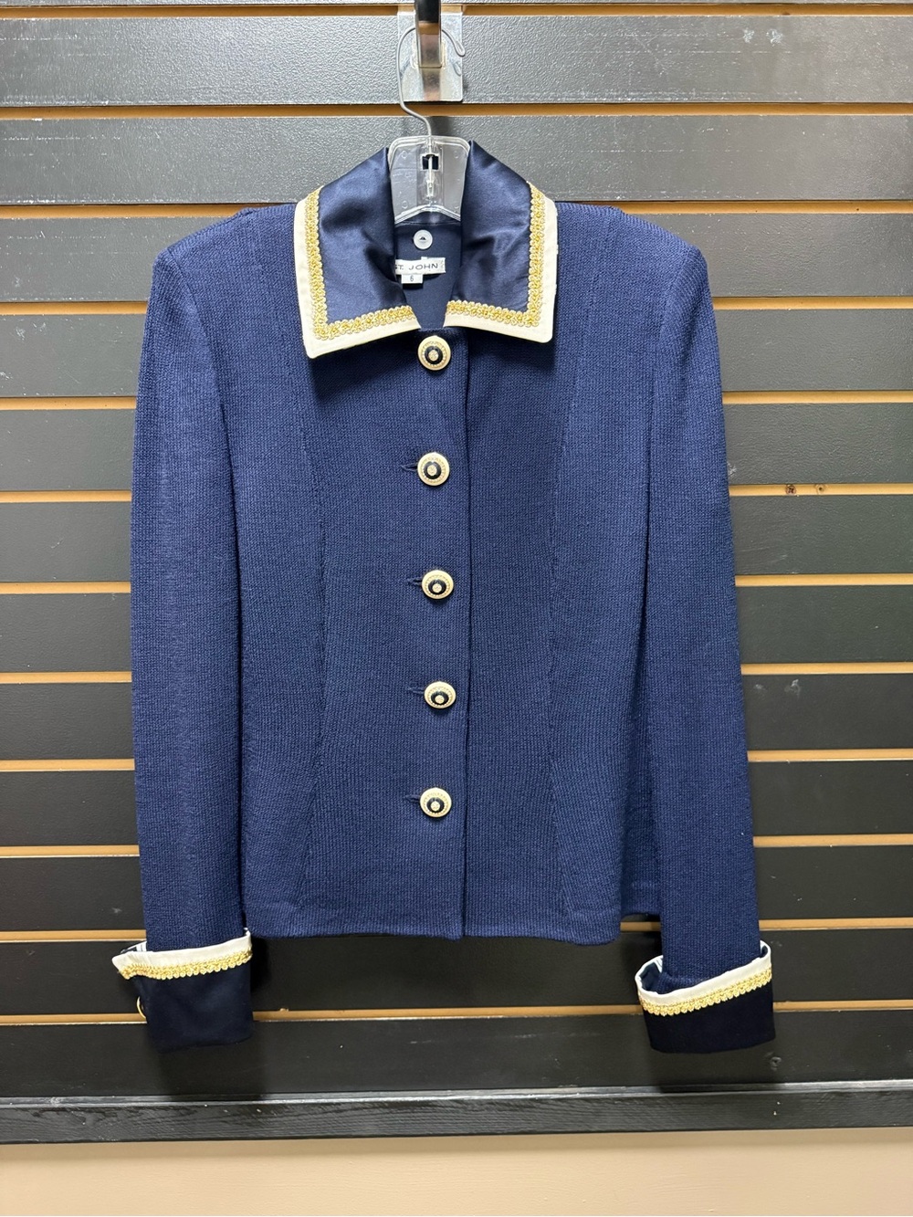 Vintage St. John Navy Santana Knit Jacket Gold Trim Detachable Collar Cuffs Sz 6
